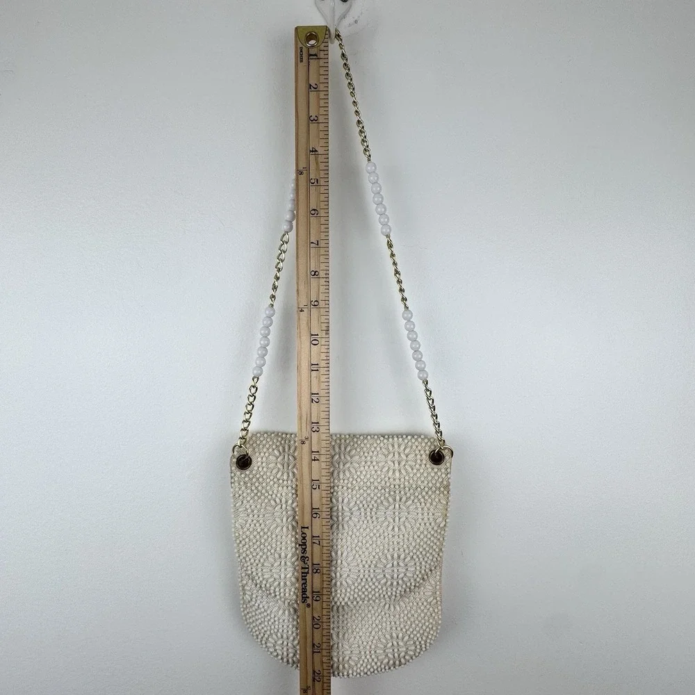 VTG‎ Beaded Purse Ivory Gold Shoulder Chain Evening Retro Elegant Formal 50s 60s